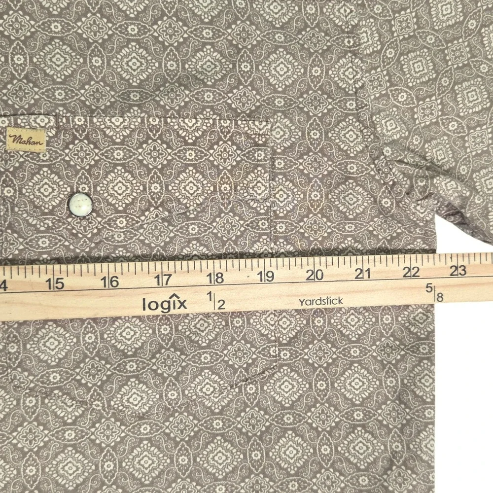 Vtg Larry Mahan‎ Western Pearl Snap Shirt Men XL Brown Geometric Print Cowboy